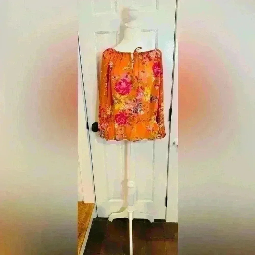 Chaps Orange Floral Peasant Blouse Keyhole Tie Neck Top Large